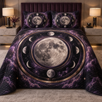 Moon Phase Violet Eclipse Quilted Bedding Set with flat printed optical 3D lunar rings and violet clouds