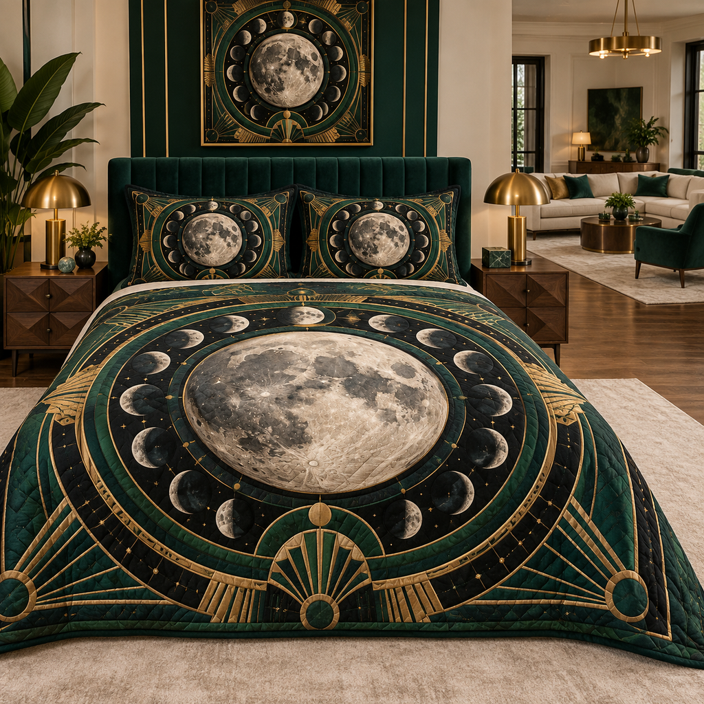 Moon Phase Emerald Deco Quilted Bedding Set with flat printed optical 3D lunar rings and emerald Art Deco details