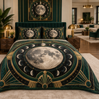 Moon Phase Emerald Deco Quilted Bedding Set with flat printed optical 3D lunar rings and emerald Art Deco details