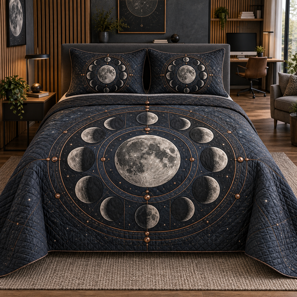 Moon Phase Slate Observatory Quilted Bedding Set with flat printed optical 3D lunar motifs and copper-colored orbital lines