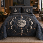 Moon Phase Slate Observatory Quilted Bedding Set with flat printed optical 3D lunar motifs and copper-colored orbital lines
