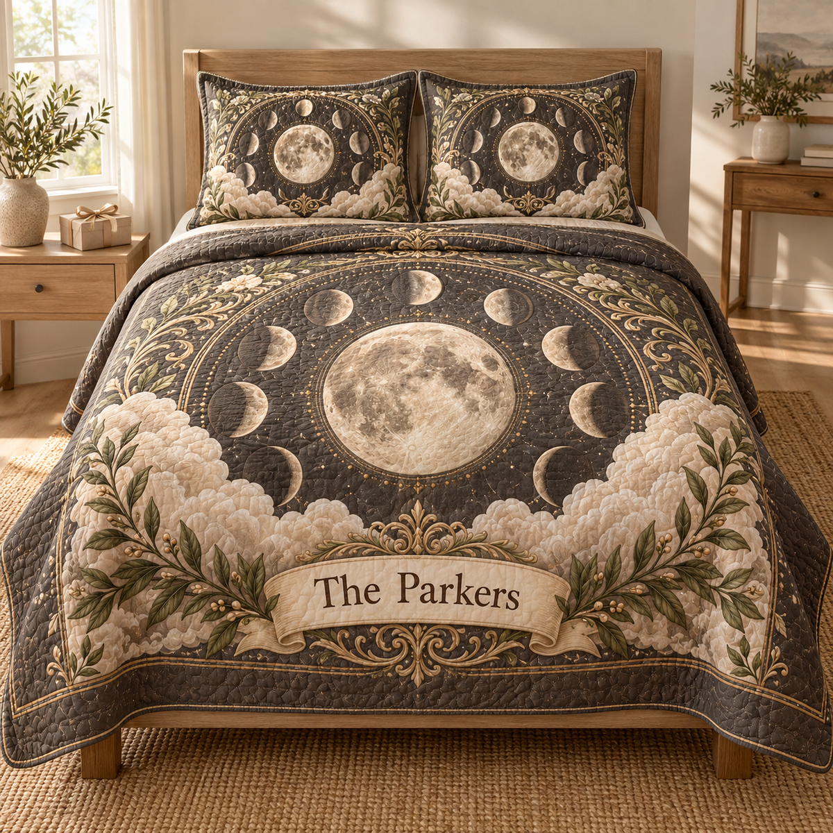 Personalized Moon Phase Quilted Bedding Set with printed optical 3D lunar artwork and example name The Parkers