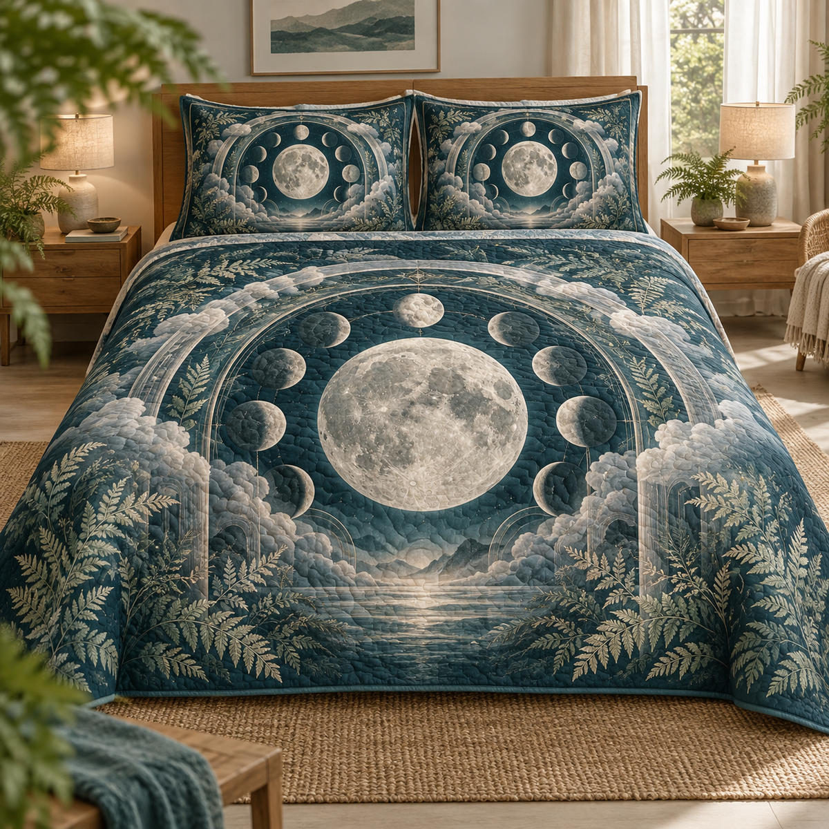 Moon Phase Mist Fern Quilted Bedding Set with flat printed optical 3D lunar motifs, mist clouds and ferns on teal