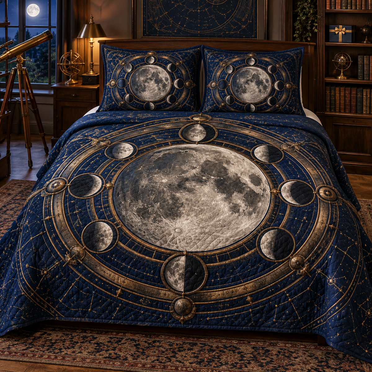 Moon Phase Armillary Quilted Bedding Set with flat printed optical 3D lunar motifs and bronze-colored rings on sapphire navy
