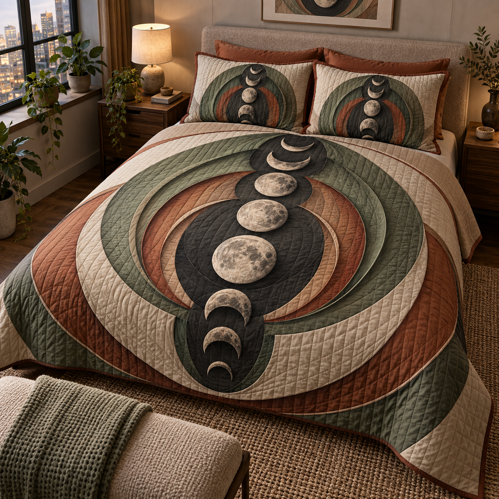 Moon Phase Apartment Gallery Quilted Bedding Set with flat printed optical 3D lunar discs and layered arches in terracotta, sage, cream and charcoal