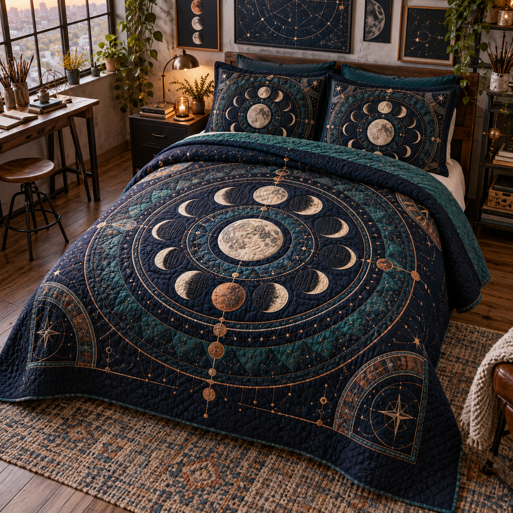 Moon Phase Hobby Studio Quilted Bedding Set with flat printed optical 3D lunar circles and craft geometry in indigo copper teal and ivory