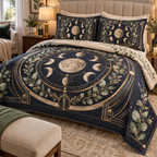 Moon Phase Host Gift Quilted Bedding Set with flat printed optical 3D lunar phases and botanical hospitality accents