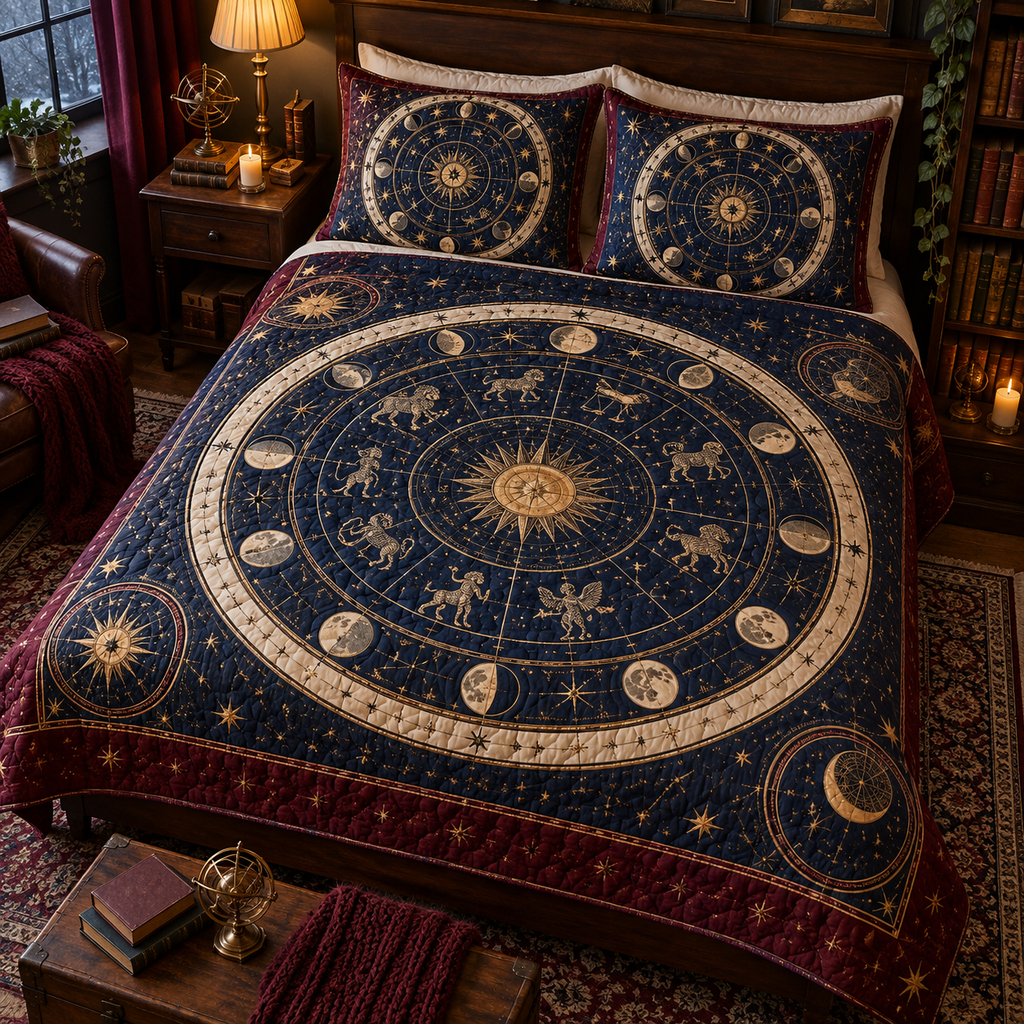 Constellation Reading Nook Quilted Bedding Set with flat printed optical 3D celestial map in navy antique gold parchment and burgundy