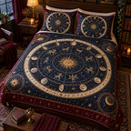 Constellation Reading Nook Quilted Bedding Set with flat printed optical 3D celestial map in navy antique gold parchment and burgundy
