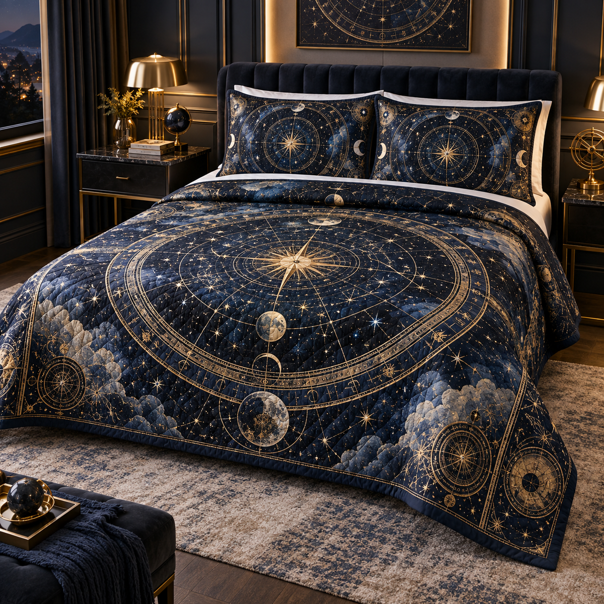 Constellation Statement Quilted Bedding Set with flat printed optical 3D astrolabe map in obsidian navy gold sapphire and ivory