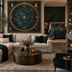 Constellation Living Room Quilted Bedding Set with flat printed optical 3D astrolabe map in midnight teal brass cream and charcoal
