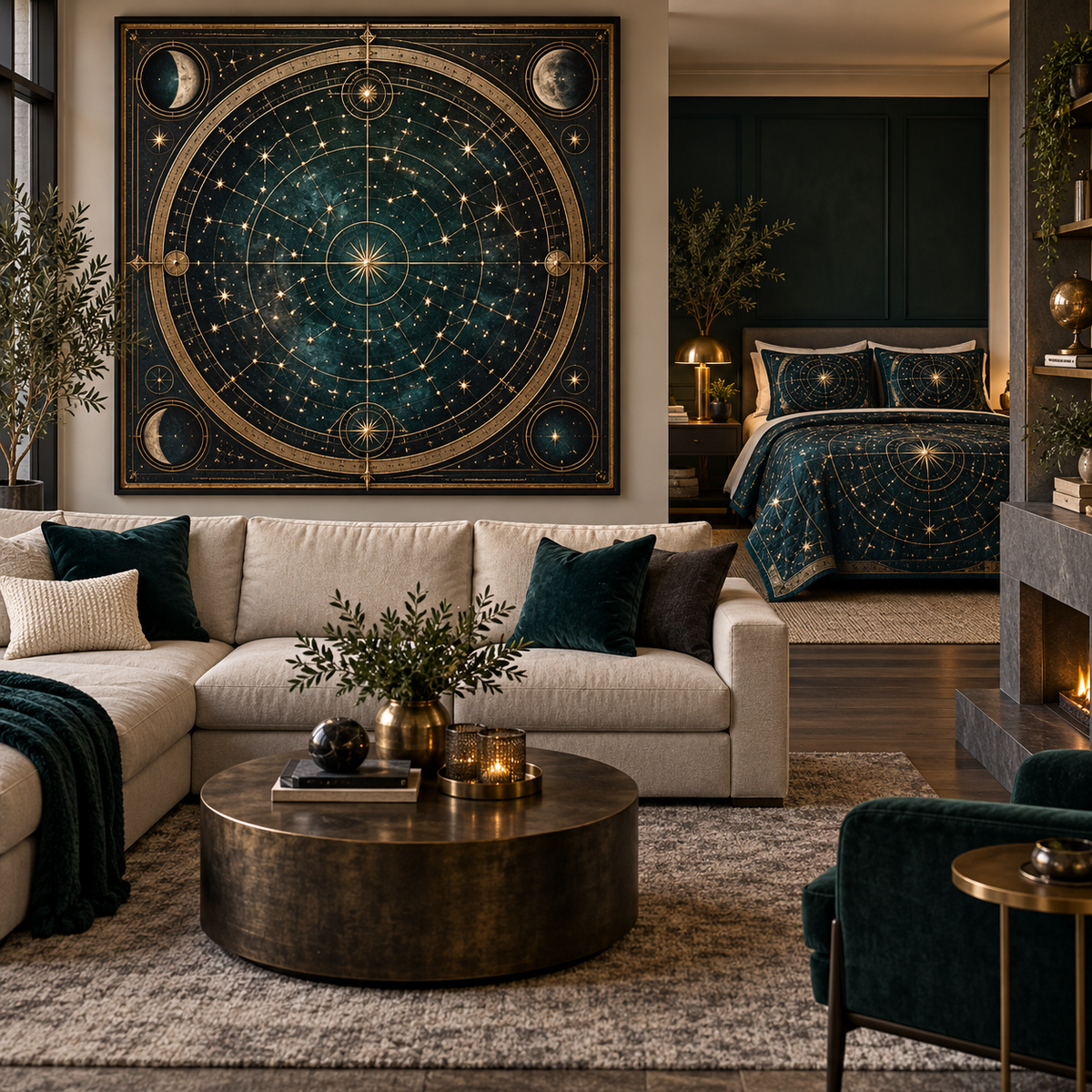 Constellation Living Room Quilted Bedding Set with flat printed optical 3D astrolabe map in midnight teal brass cream and charcoal