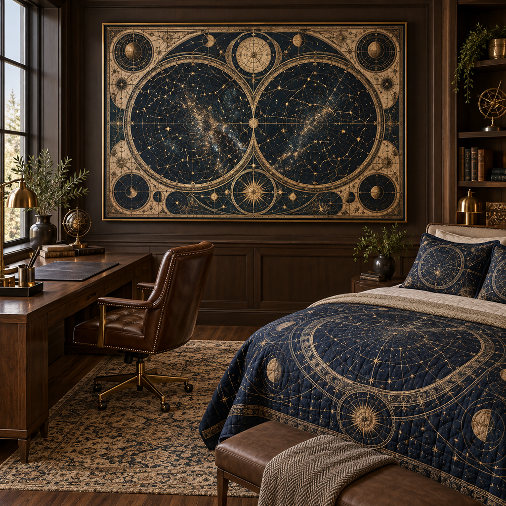 Constellation Home Office Quilted Bedding Set with flat printed optical 3D astrolabe map in midnight teal brass cream and charcoal
