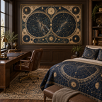 Constellation Home Office Quilted Bedding Set with flat printed optical 3D astrolabe map in midnight teal brass cream and charcoal