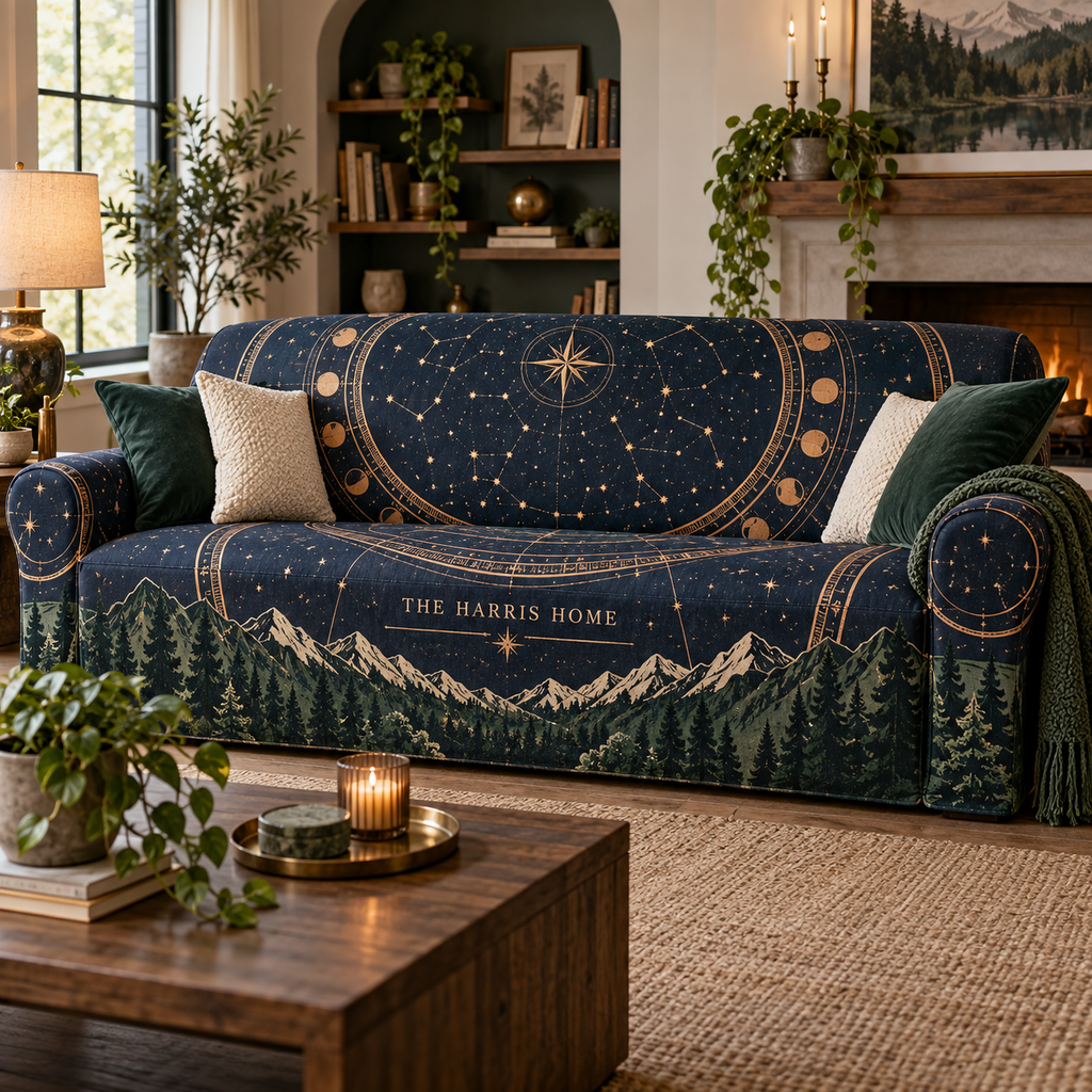 Personalized Constellation Quilted Bedding Set showing sample family name integrated into flat printed optical 3D constellation artwork