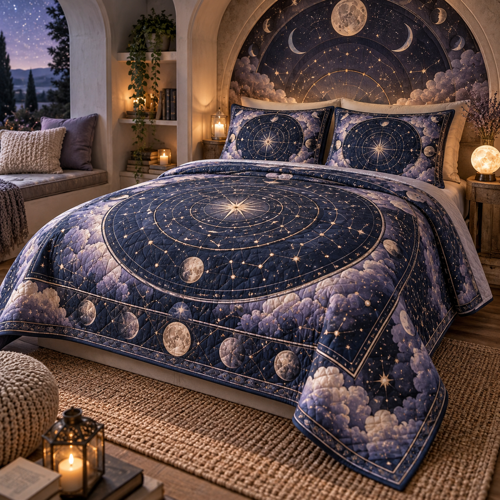 Constellation Quiet Corner Quilted Bedding Set with flat printed optical 3D astrolabe map in midnight teal brass cream and charcoal