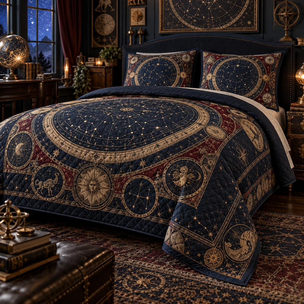 Constellation Collector Quilted Bedding Set with flat printed optical 3D celestial atlas medallions in museum navy bronze ruby and parchment