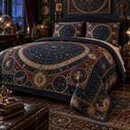 Constellation Collector Quilted Bedding Set with flat printed optical 3D celestial atlas medallions in museum navy bronze ruby and parchment