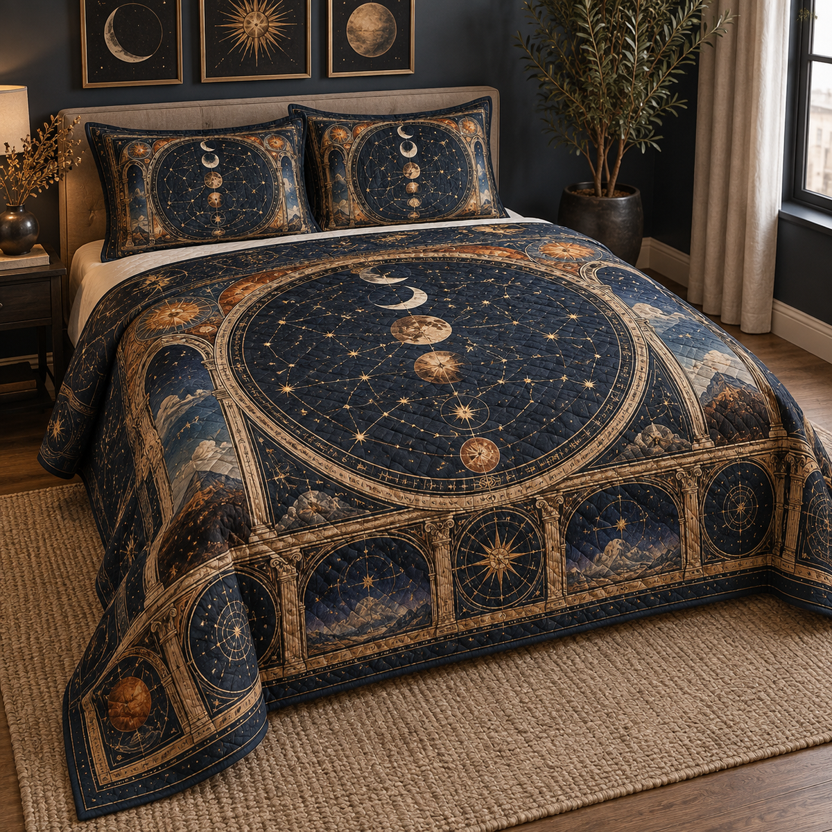 Constellation Gallery Wall Quilted Bedding Set with flat printed optical 3D celestial gallery arches in midnight blue aged brass burnt orange and ivory