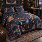 Constellation Hobby Studio Quilted Bedding Set with flat printed optical 3D celestial gallery arches in ultraviolet deep teal copper coral and pearl