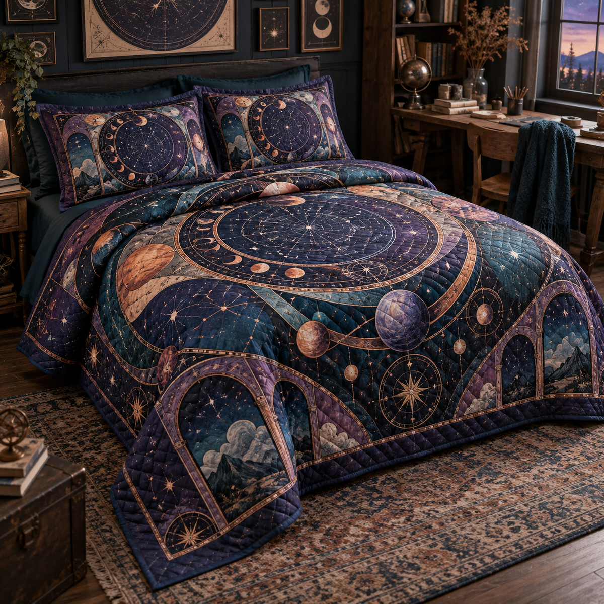 Constellation Hobby Studio Quilted Bedding Set with flat printed optical 3D celestial gallery arches in ultraviolet deep teal copper coral and pearl