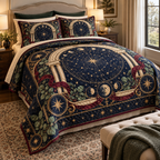 Constellation Host Thank You Quilted Bedding Set with flat printed optical 3D celestial gallery arches in midnight navy champagne gold cranberry eucalyptus green and warm ivory