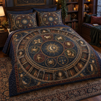 Zodiac Reading Nook Quilted Bedding Set with flat printed optical 3D celestial gallery arches in ink blue antique copper oxblood moss and parchment