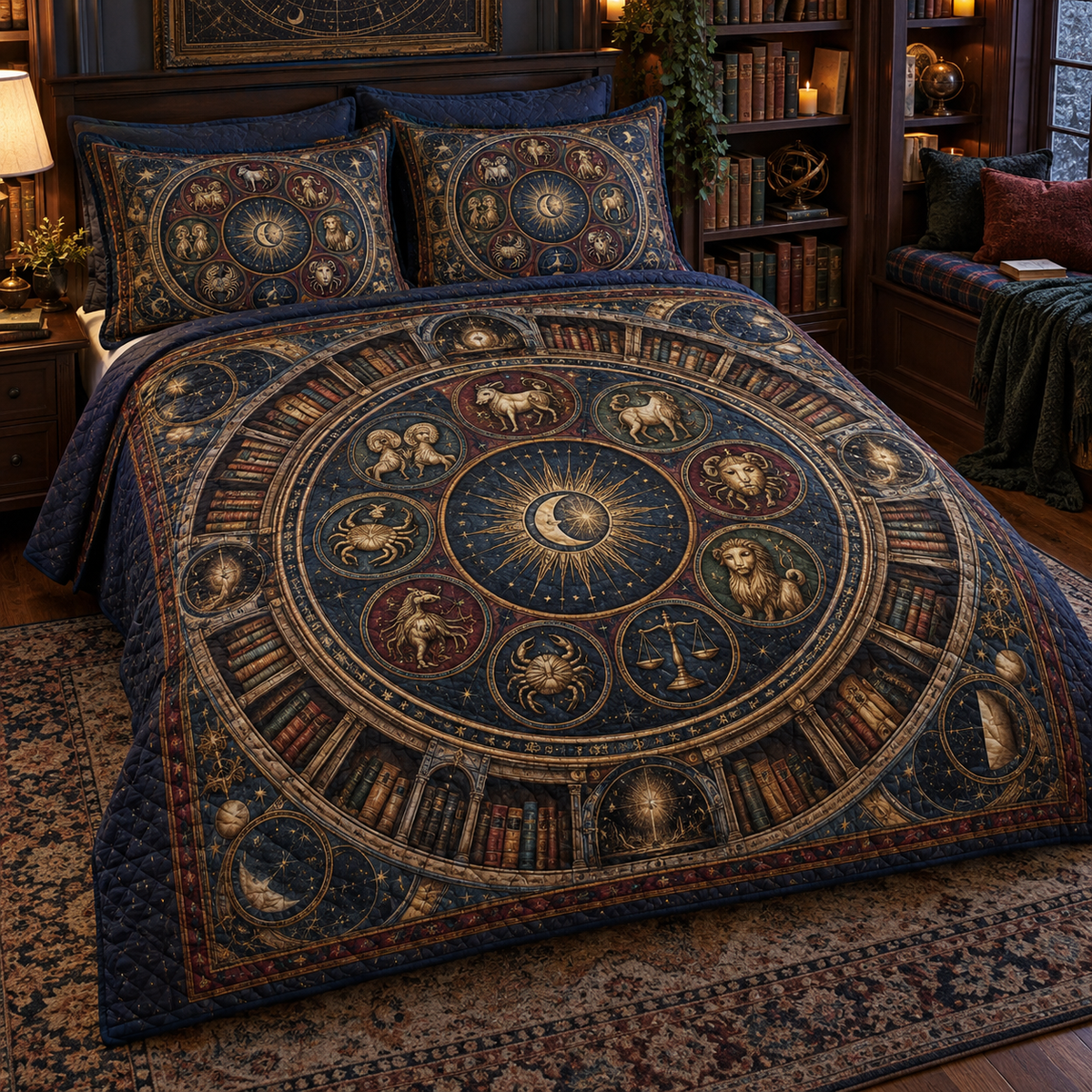 Zodiac Reading Nook Quilted Bedding Set with flat printed optical 3D celestial gallery arches in ink blue antique copper oxblood moss and parchment