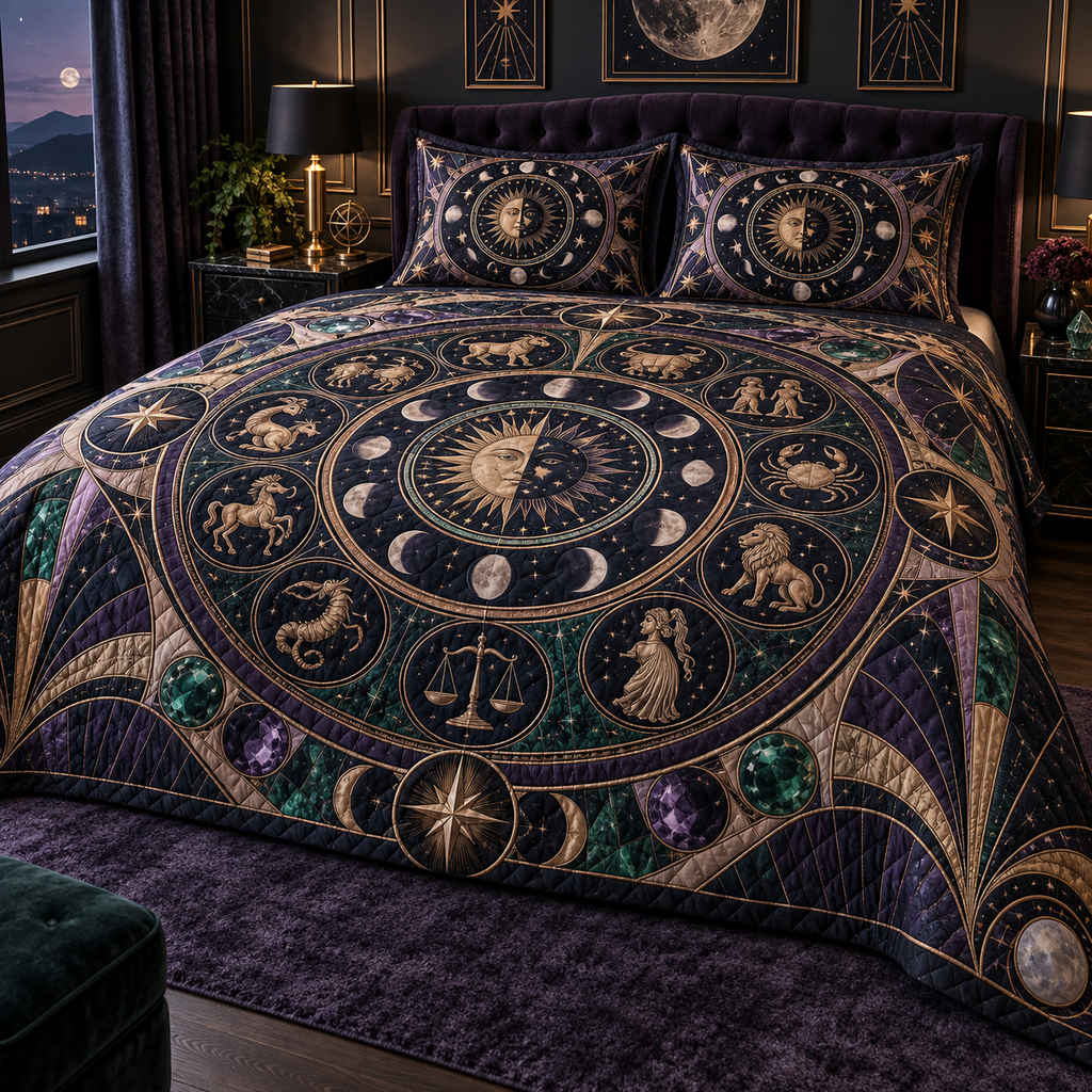 Zodiac Bedroom Statement Quilted Bedding Set with flat printed optical 3D celestial gallery arches in black sapphire royal purple rose gold emerald and moonstone ivory