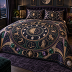 Zodiac Bedroom Statement Quilted Bedding Set with flat printed optical 3D celestial gallery arches in black sapphire royal purple rose gold emerald and moonstone ivory