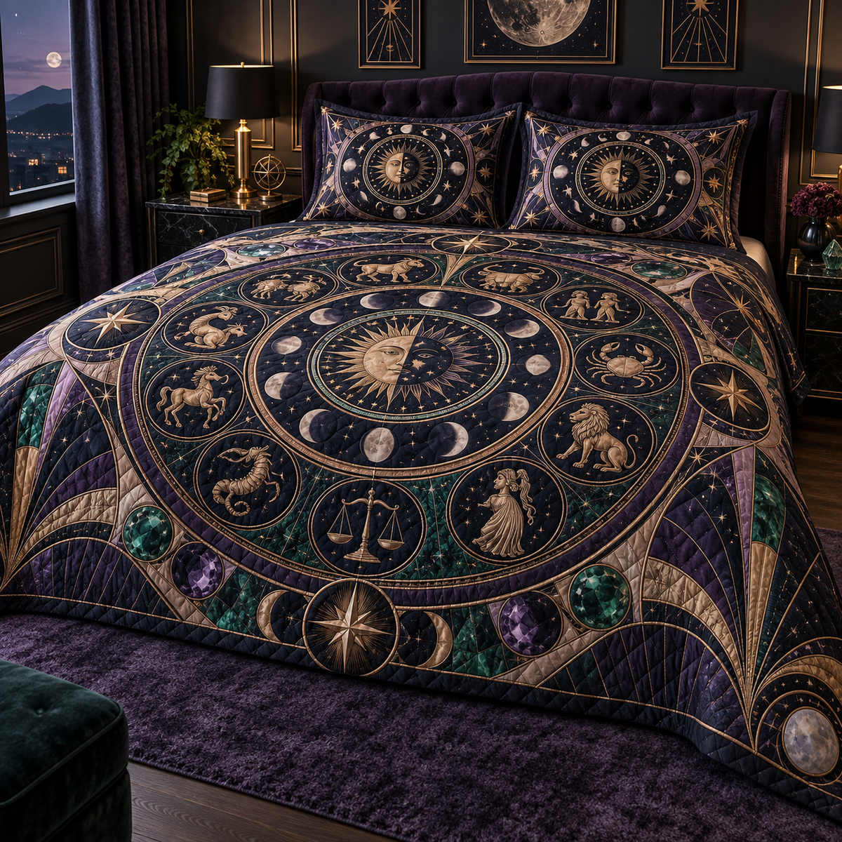 Zodiac Bedroom Statement Quilted Bedding Set with flat printed optical 3D celestial gallery arches in black sapphire royal purple rose gold emerald and moonstone ivory