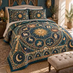 Zodiac Living Room Focal Point Quilted Bedding Set with flat printed optical 3D celestial gallery arches in peacock teal lapis terracotta antique gold and cream