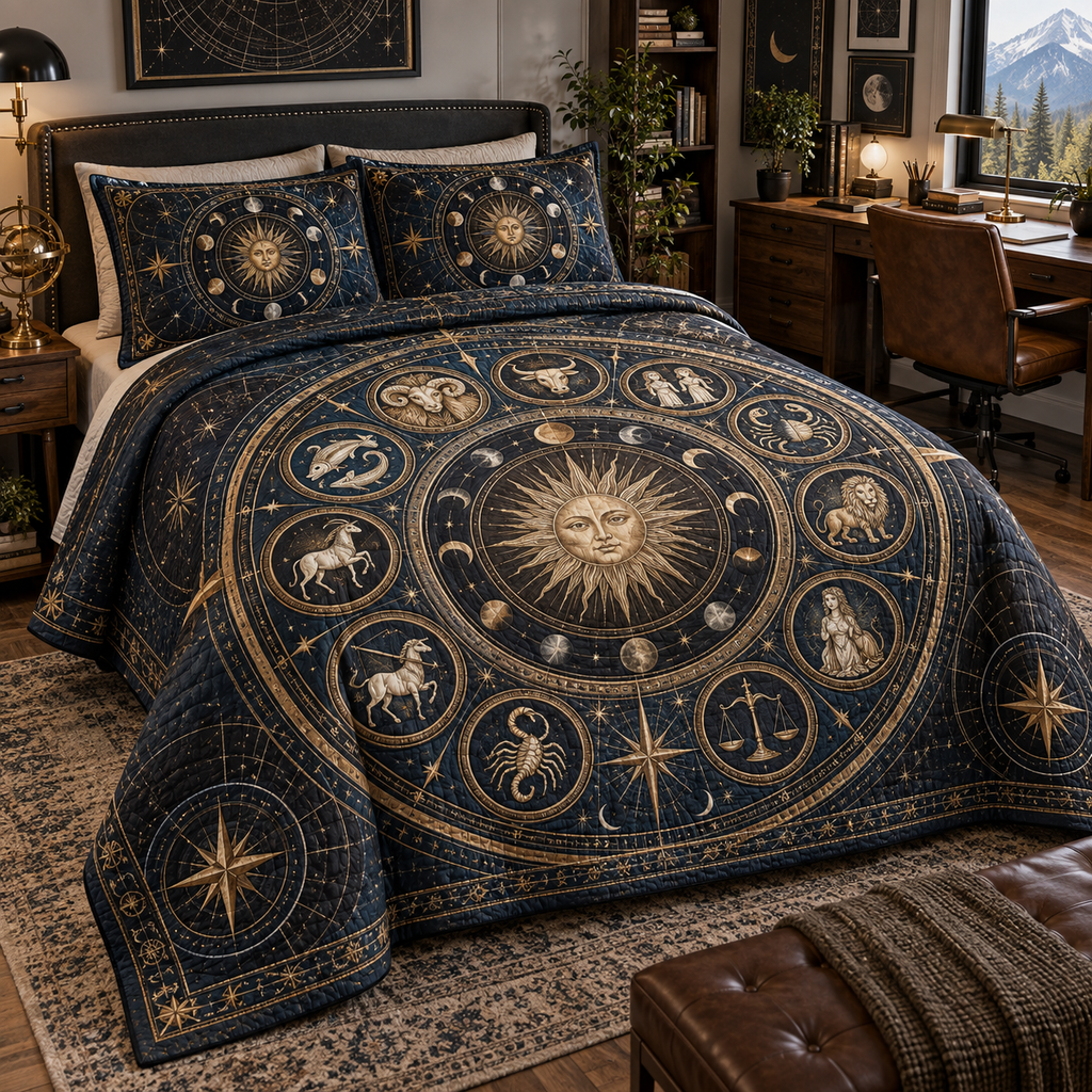 Zodiac Home Office Quilted Bedding Set with flat printed optical 3D celestial gallery arches in graphite midnight blue brushed brass cognac and cool ivory