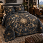 Zodiac Home Office Quilted Bedding Set with flat printed optical 3D celestial gallery arches in graphite midnight blue brushed brass cognac and cool ivory