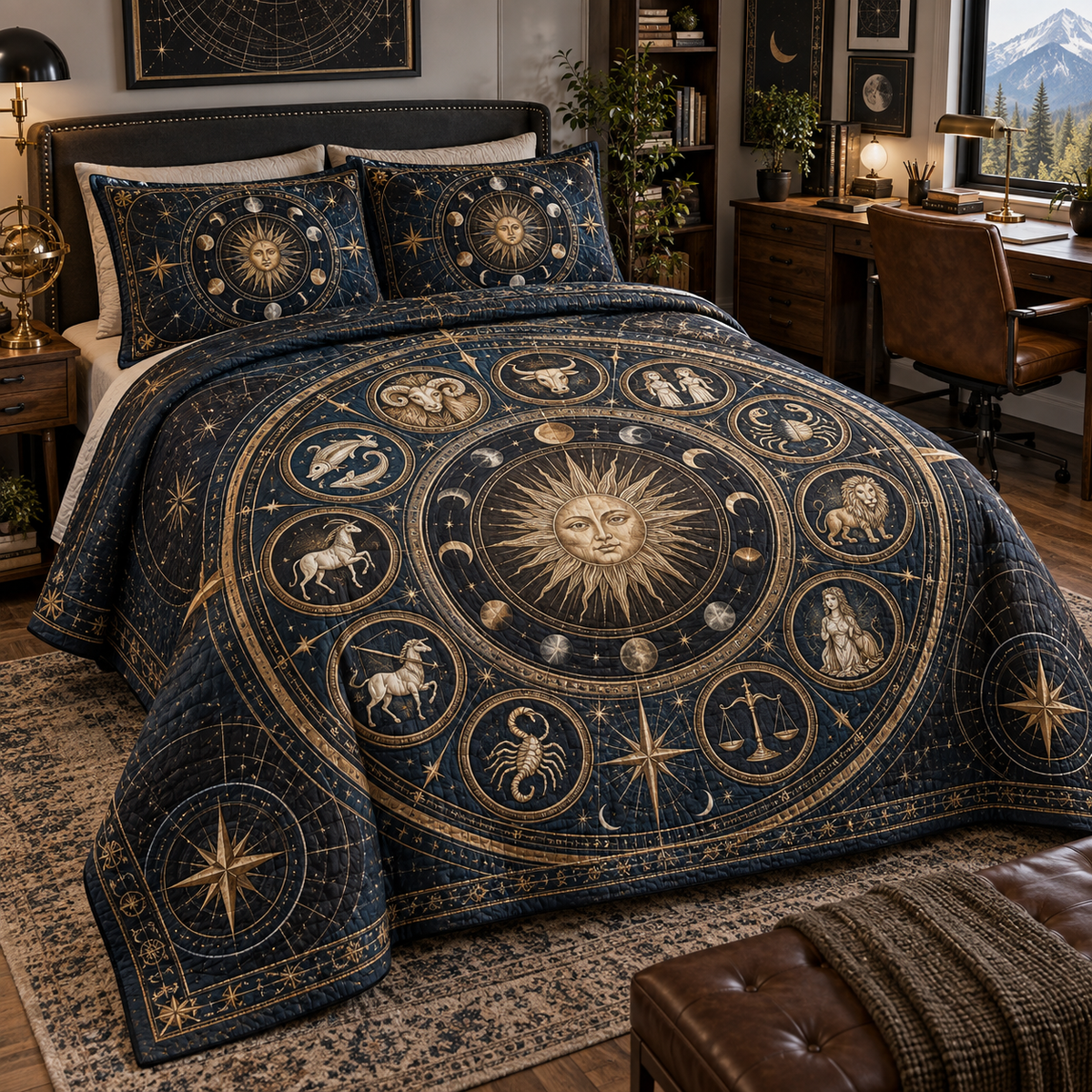 Zodiac Home Office Quilted Bedding Set with flat printed optical 3D celestial gallery arches in graphite midnight blue brushed brass cognac and cool ivory