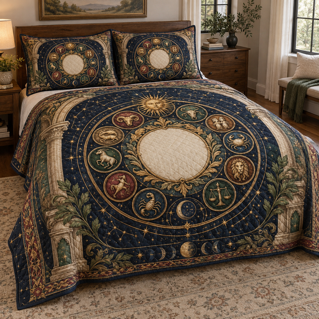Personalized Zodiac Quilted Bedding Set showing sample family name integrated into flat printed optical 3D zodiac wheel artwork
