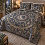 Zodiac Quiet Corner Quilted Bedding Set with flat printed optical 3D celestial gallery arches in dusty indigo muted sage antique pewter mauve and warm cream