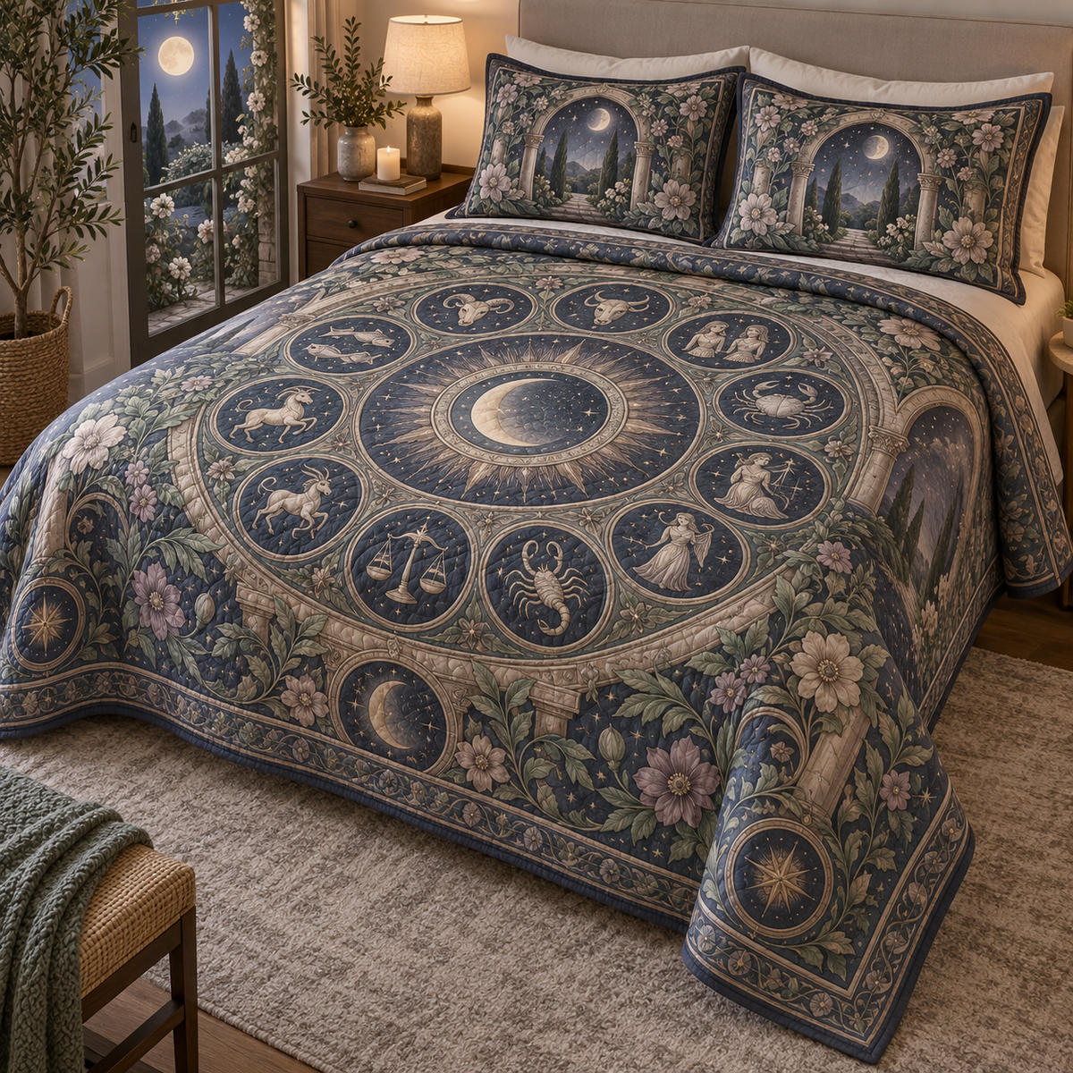 Zodiac Quiet Corner Quilted Bedding Set with flat printed optical 3D celestial gallery arches in dusty indigo muted sage antique pewter mauve and warm cream