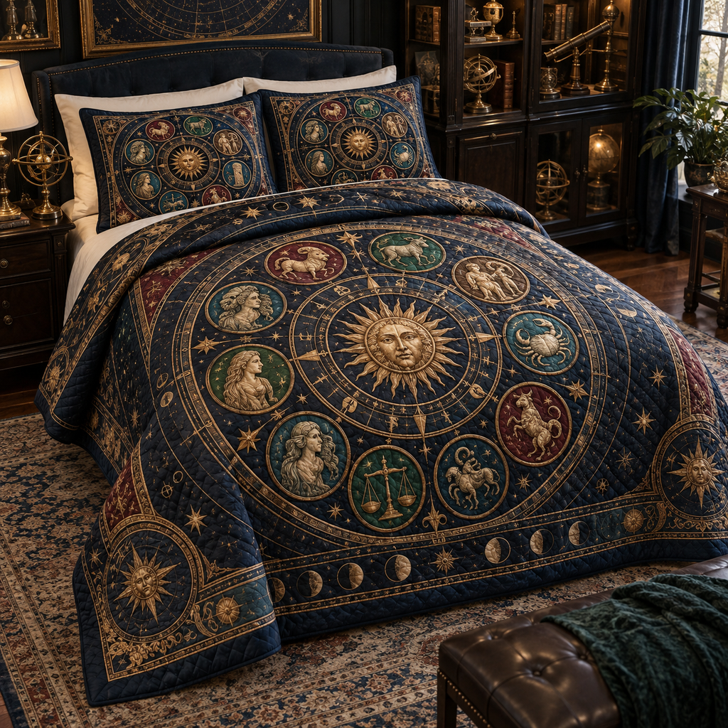 Zodiac Collector Birthday Quilted Bedding Set with flat printed optical 3D celestial gallery arches in obsidian blue aged bronze garnet malachite and vellum