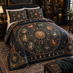 Zodiac Collector Birthday Quilted Bedding Set with flat printed optical 3D celestial gallery arches in obsidian blue aged bronze garnet malachite and vellum