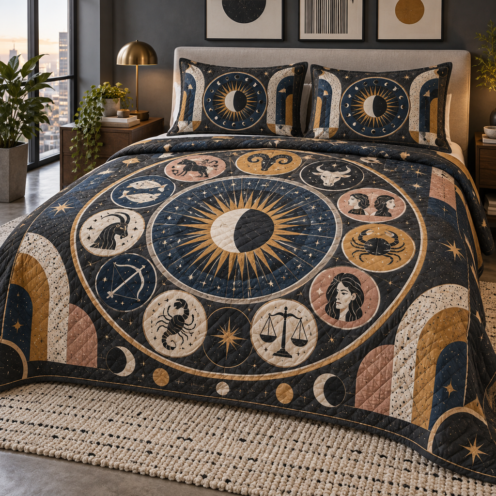 Zodiac Apartment Gallery Quilted Bedding Set with flat printed optical 3D celestial gallery arches in charcoal cobalt ochre dusty rose and bone white