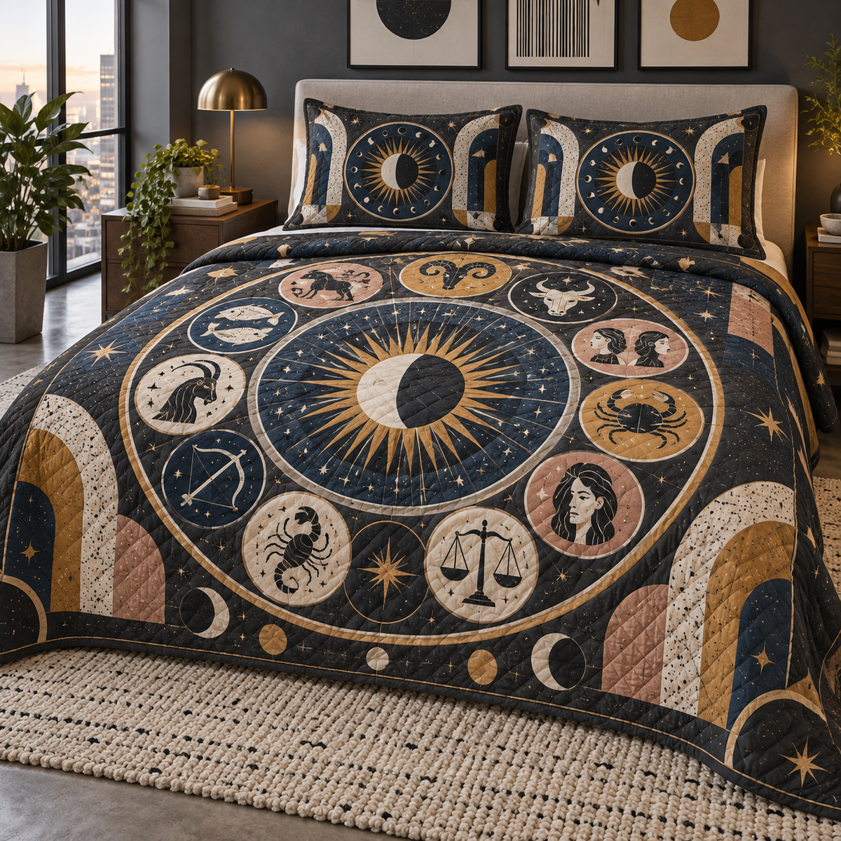 Zodiac Apartment Gallery Quilted Bedding Set with flat printed optical 3D celestial gallery arches in charcoal cobalt ochre dusty rose and bone white