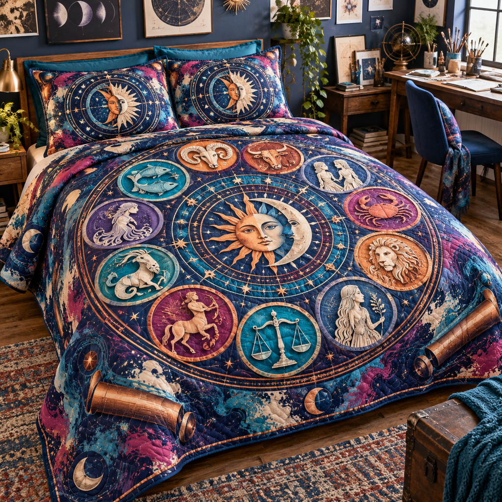 Zodiac Hobby Studio Quilted Bedding Set with flat printed optical 3D celestial gallery arches in ultramarine magenta turquoise copper orange and soft cream