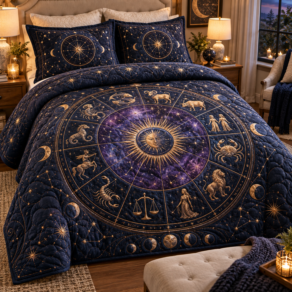 Zodiac Host Thank You Quilted Bedding Set with flat printed optical 3D zodiac wheel in midnight blue amethyst and copper gold