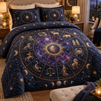 Zodiac Host Thank You Quilted Bedding Set with flat printed optical 3D zodiac wheel in midnight blue amethyst and copper gold