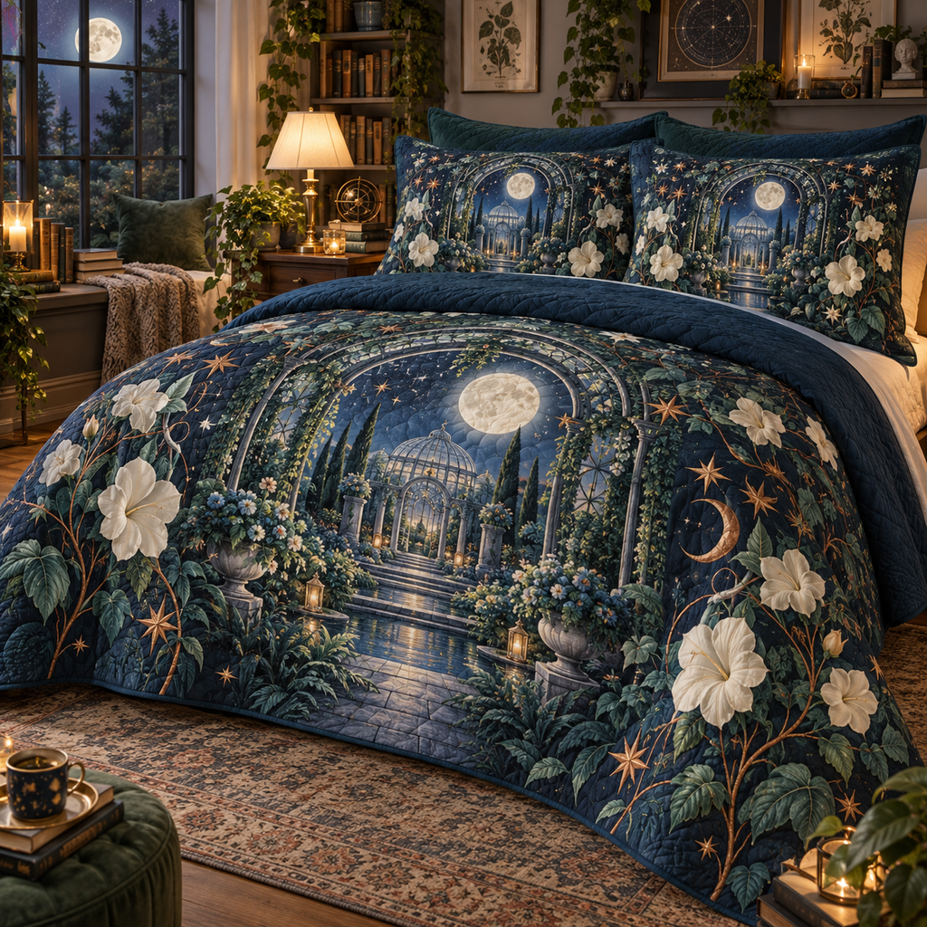 Celestial Botanical Garden Quilted Bedding Set with flat printed optical 3D moonlit conservatory in indigo teal ivory copper gold and sapphire
