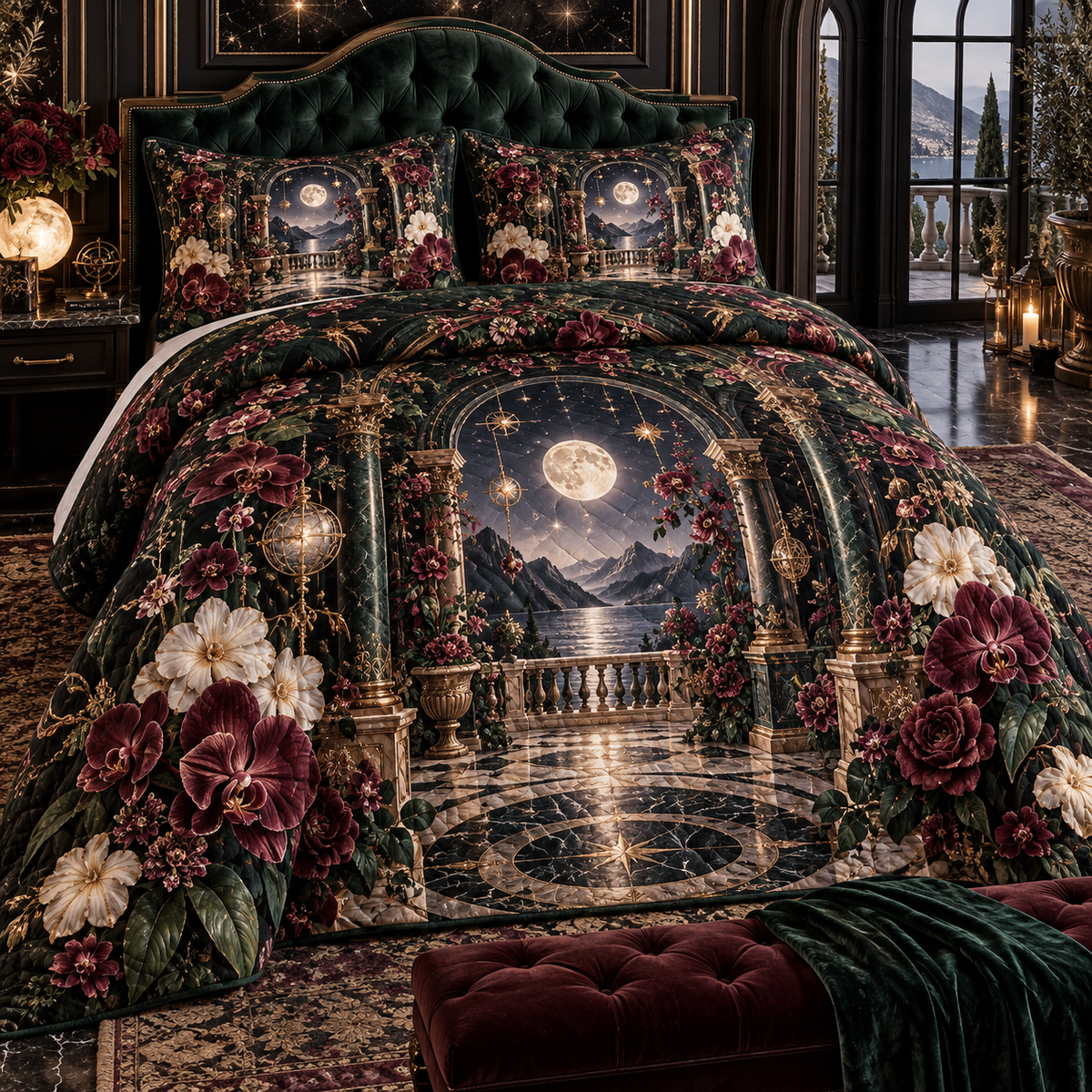 Moonlit Botanical Bedroom Quilted Bedding Set with flat printed optical 3D baroque garden in black emerald burgundy pearl and rose gold