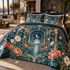 Celestial Garden Living Room Quilted Bedding Set with flat printed optical 3D Art Nouveau garden in cobalt turquoise coral cream and antique brass