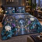 Celestial Garden Home Office Quilted Bedding Set with flat printed optical 3D futuristic garden in graphite cyan violet white and gold