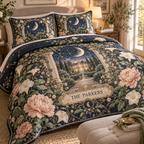 Personalized Celestial Garden Quilted Bedding Set showing sample family name integrated into flat printed optical 3D celestial botanical artwork